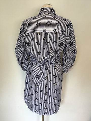 BRAND NEW SANDRO PARIS BLUE & WHITE STRIPE EMBROIDERED STAR SHIRT DRESS SIZE 1 UK S