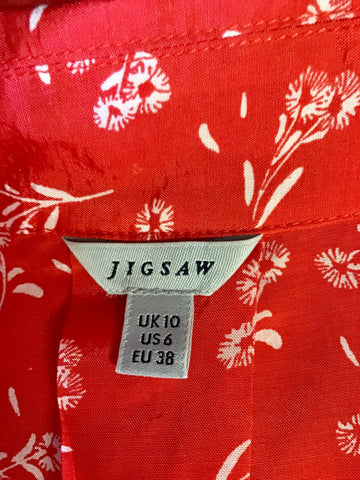 JIGSAW RED & WHITE FLORAL PRINT TIE FRONT 3/4 SLEEVE BLOUSE SIZE 10