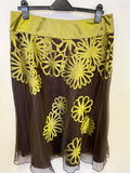 MONSOON SILK BROWN & LIME GREEN APPLIQUÉ WRAP AROUND TOP & A LINE SKIRT SIZE 14