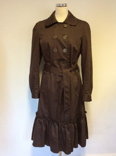 MARKS & SPENCER BROWN FRILL TRIM BELTED TRENCH COAT / MAC SIZE 12