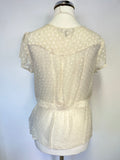IN WEAR CREAM SPOT SILK BLEND RUFFLE TRIM CAP SLEEVED BLOUSE SIZE 8
