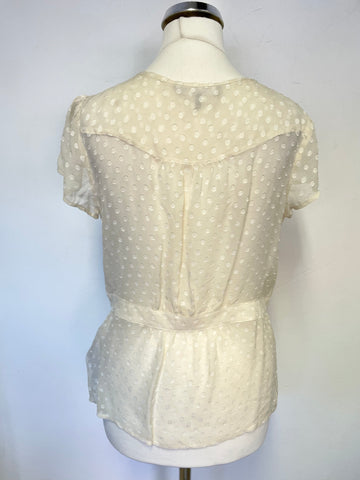 IN WEAR CREAM SPOT SILK BLEND RUFFLE TRIM CAP SLEEVED BLOUSE SIZE 8