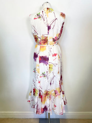 BRAND NEW APANAGE FEMME WHITE & MULTICOLOURED COTTON & SILK SLEEVELESS DRESS SIZE 14