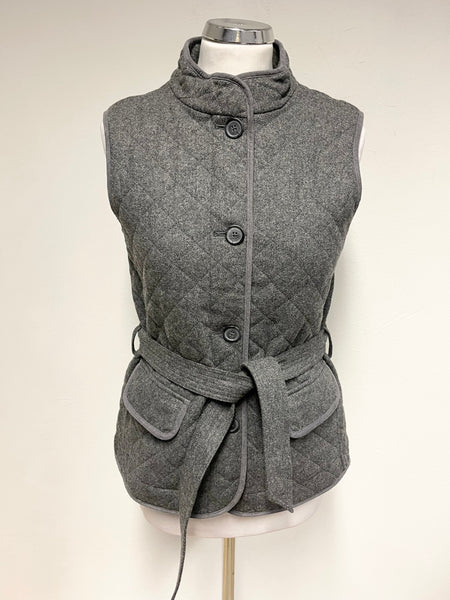 HOBBS GREY WOOL BLEND QUILTED  BELTED COLLARLESS GILET SIZE 8