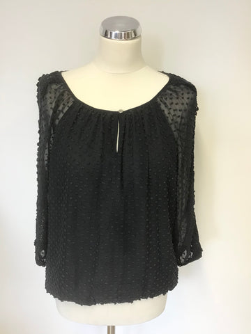 MINT VELVET NAVY BLUE SPOTTED DESIGN SEMI SHEER SLEEVE WITH CROCHET TOP SIZE 14