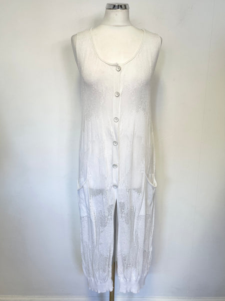 CREA CONCEPT OFF WHITE FINE OPEN KNIT SLEEVELESS LONG CARDIGAN SIZE 36 UK 10