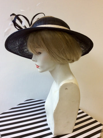 BRAND NEW MADDOX NAVY BLUE & NATURAL TRIM WIDE BRIM FORMAL HAT