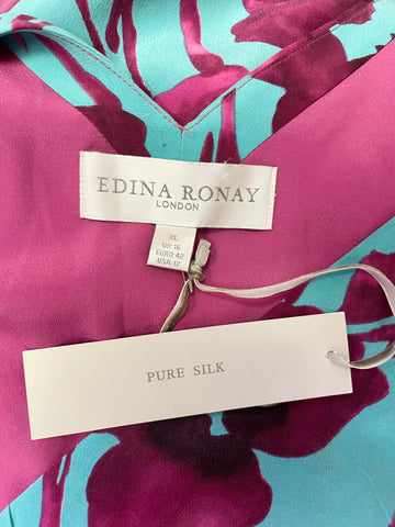BRAND NEW EDINA RONAY TURQUOISE & DEEP PINK FLORAL PRINT PURE SILK DRESS SIZE 16