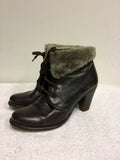 HUDSON DARK BROWN LEATHER FAUX FUR TRIM LACE UP ANKLE BOOTS SIZE 7/40