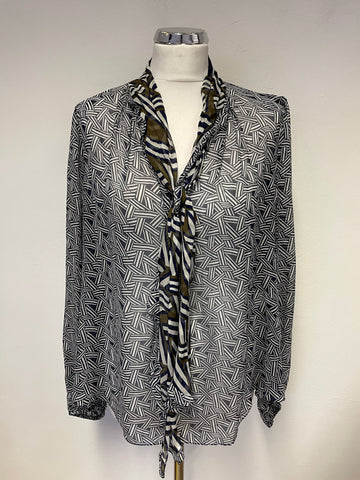 DIANE VON FURSTENBERG NAVY BLUE,CREAM & BROWN PRINT SILK TIE NECK BLOUSE SIZE 10 UK 14