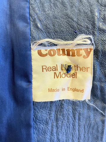 VINTAGE COUNTY PETROL BLUE LEATHER COAT SIZE UK 8/10