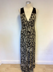 HOBBS BLACK & BEIGE PRINT LONG MAXI DRESS SIZE 10