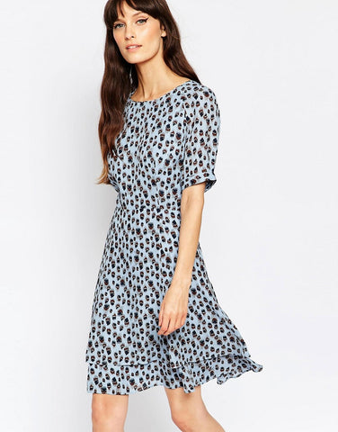 REISS JULES CORNFLOWER BLUE SHORT SLEEVE SILK FIT & FLARE DRESS SIZE 8