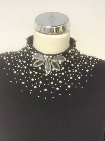 OUTLANDER NAVY BLUE PEARL & JEWEL TRIM LOW V BACK LONG SLEEVE KNIT DRESS SIZE L