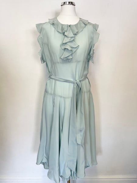 BRAND NEW PETER O BRIEN DUCK EGG SILK RUFFLE TRIM FIT & FLARE DRESS SIZE 14