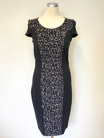 MARKS & SPENCER AUTOGRAPH NAVY BLUE PANEL PRINT CAP SLEEVE PENCIL DRESS SIZE 10
