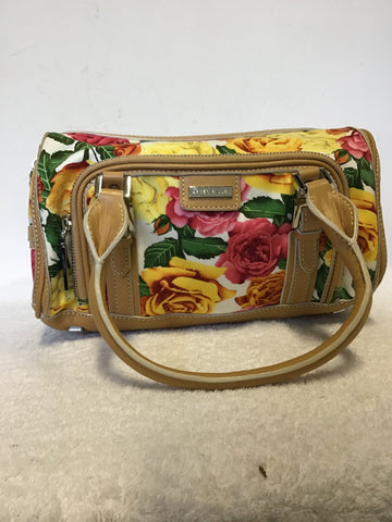 KAREN MILLEN FLORAL ROSE PRINT COTTON & TAN LEATHER TRIM HAND BAG