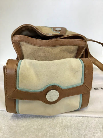 KAREN MILLEN TAN LEATHER & BEIGE,CREAM & TURQUOISE TRIM SUEDE HAND BAG