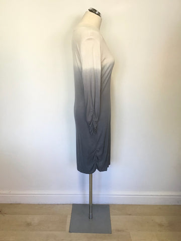 WHISTLES WHITE & GREY OMBRÉ 3/4 SLEEVE SCOOP NECKLINE DRESS SIZE 12