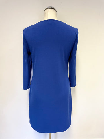 PHASE EIGHT BLUE DRAPED FRONT 3/4 SLEEVE SHIFT DRESS SIZE 10