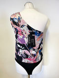 BRAND NEW MARCIANO FOR GUESS MULTI COLOURED ONE SHOULDER PRINT SATIN BODYSUIT SIZE 38 UK 10