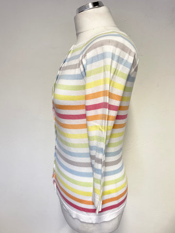 JOHN SMEDLEY SEA ISLAND MULTI COLOURED STRIPE COTTON FINE KNIT CARDIGAN SIZE M