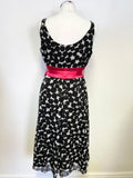 HOBBS BLACK & IVORY SPOT & RED SASH BELT SLEEVELESS SILK FIT & FLARE DRESS SIZE 12