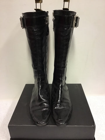 KAREN MILLEN BLACK PATENT LEATHER BUCKLE TRIM FLAT BOOTS SIZE 7/40