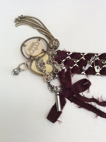 JUICY COUTURE SILVER & BURGUNDY FABRIC WOVEN CUFF WITH PENDANTS