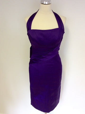 KAREN MILLEN PURPLE HALTERNECK PLEATED DETAIL PENCIL DRESS SIZE 8