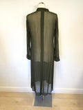 NITYA DARK GREEN DUSTER COAT, TROUSERS & CONTRAST CREAM SLEEVELESS TOP SIZE 12/14