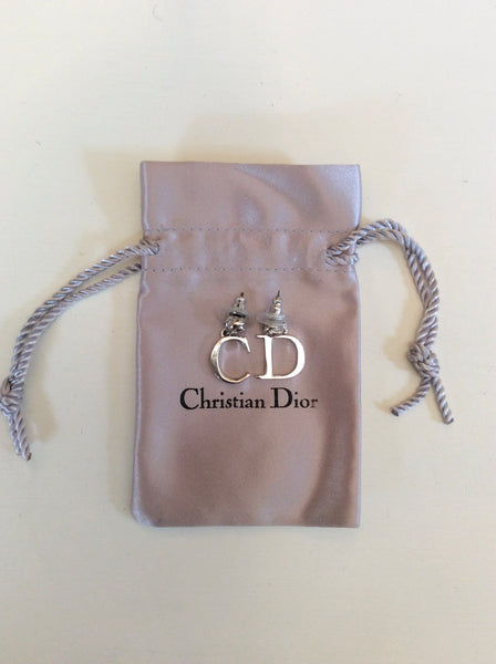 VINTAGE CHRISTIAN DIOR SILVER C & D INITIAL DROP PIECED EARRINGS