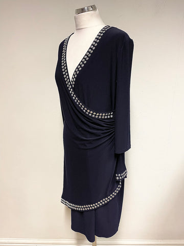 JOSEPH RIBKOFF NAVY BLUE & SILVER STUD TRIM DETAIL SPECIAL OCCASION DRESS SIZE 16