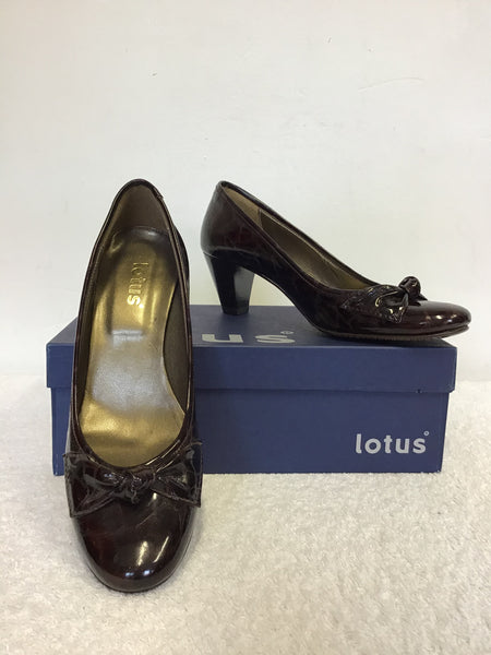 BRAND NEW LOTUS TATUM DARK BROWN PATENT CROC PRINT BOW TRIM HEELS SIZE 4/37