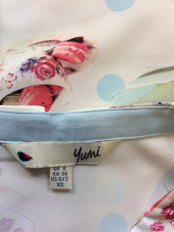 YANI WHITE & MULTI COLOURED TEAPOT & MACAROON PRINT SLEEVELESS BLOUSE SIZE 8