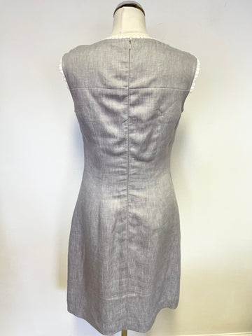 HOBBS GREY LINEN & WHITE TRIM SLEEVELESS SHEATH DRESS SIZE 10