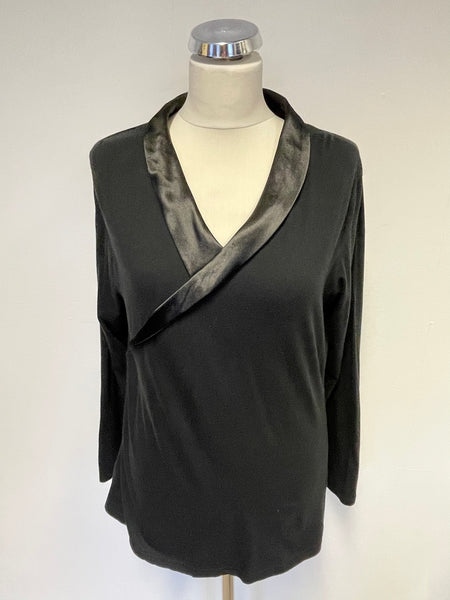 TEMPERLEY BLACK SATIN COLLAR TRIM LONG SLEEVE COTTON TOP SIZE M