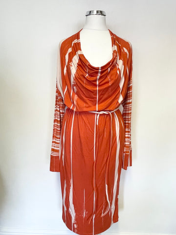 NICOLE FARHI ORANGE & CREAM PRINT STRETCH JERSEY LONG SLEEVE TIE WAIST DRESS SIZE M