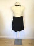 JAEGER NAVY & CREAM CUT OUT BACK A LINE PLEATED SIDE DRESS SIZE 8