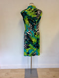FRANK LYMAN TURQOUISE & GREEN TROPICAL PRINT PENCIL DRESS SIZE 12