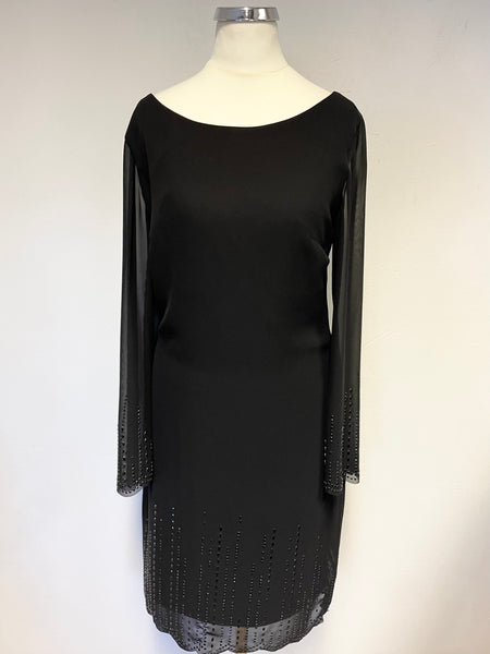 GINA BACCONI BLACK BEAD TRIMMED LONG SLEEVED SHIFT DRESS SIZE 8