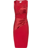 REISS HERIMONE RED ASYMMETRIC NECKLINE SATIN & CHIFON PLEATED DRAPE PENCIL DRESS SIZE 12