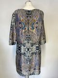 PER UNA MULTI COLOURED PAISLEY PRINT EMBELISHED NECKLINE 3/4 SLEEVE SHIFT DRESS SIZE 16