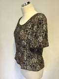 FRANK USHER BROWN BEADED & SEQUINED FLORAL SHORT SLEEVE TOP SIZE 14