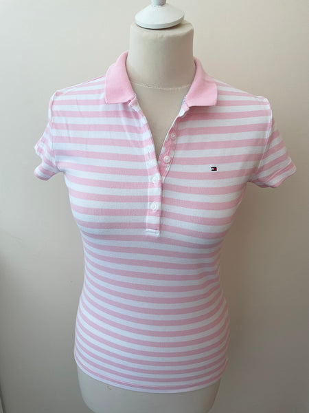 TOMMY HILFIGER PINK & WHITE STRIPED SHORT SLEEVE POLO SHIRT SIZE XS
