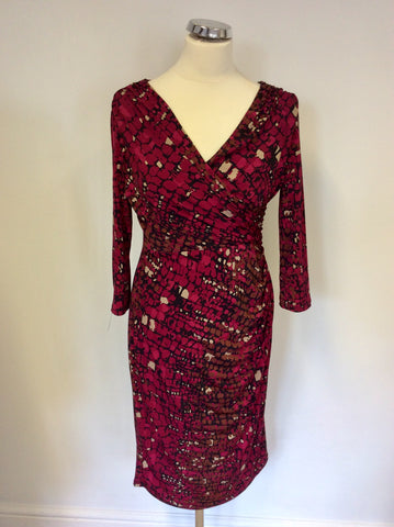 GINA BACCONI RED PRINT STRETCH WRAP ACROSS PENCIL DRESS SIZE 16
