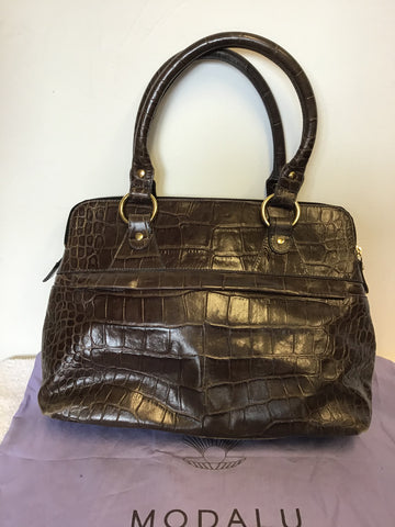 MODALU PIPPA CHOCOLATE BROWN CROC LEATHER TOTE BAG