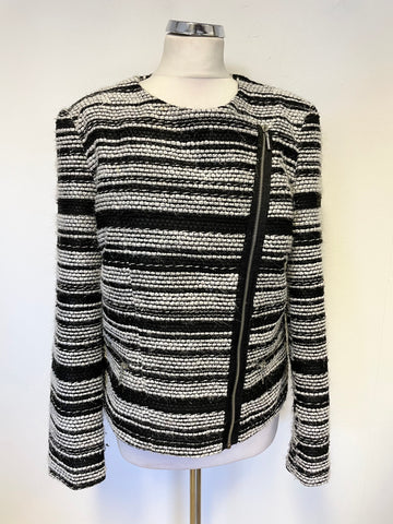BRAND NEW M&CO BLACK, IVORY & METALLIC WEAVE STRIPE COLLARLESS ZIP FRONT JACKET SIZE 16