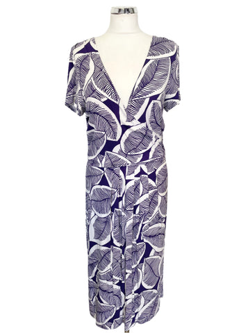 HOBBS PURPLE & WHITE LEAF PRINT SHORT SLEEVE STRETCH JERSEY DRESS SIZE 12