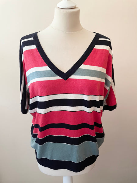 MAX MARA WEEKEND BLUE& PINK STRIPED SHORT SLEEVE SILK & LINEN FINE KNIT TOP SIZE M